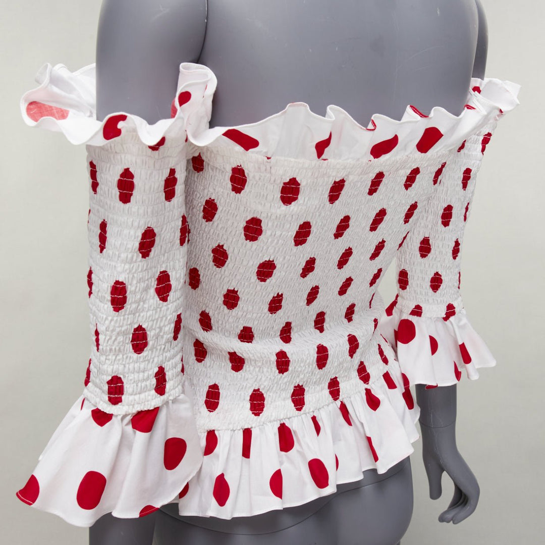 CAROLINE CONSTAS white red polka dot cotton ruffle ruched top XS