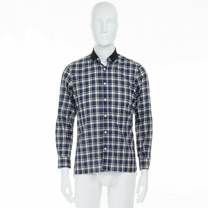 LANVIN ALBER ELBAZ blue checked cotton grosgrain ribbon collar shirt EU38 S