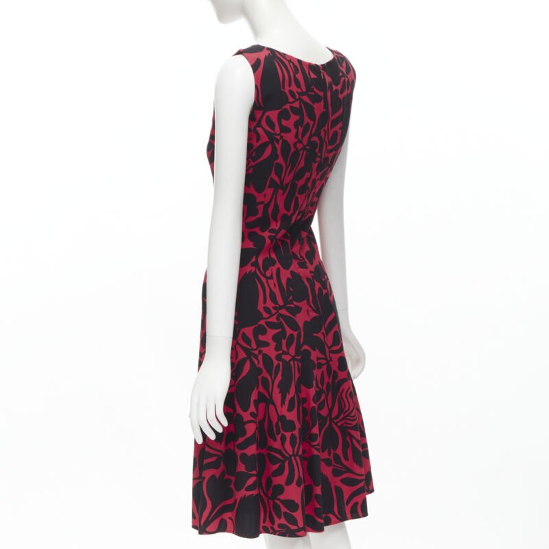 OSCAR DE LA RENTA red black floral print panelled fit flared dress XS