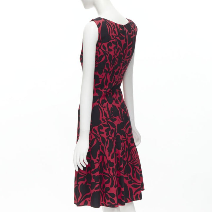 OSCAR DE LA RENTA red black floral print panelled fit flared dress XS