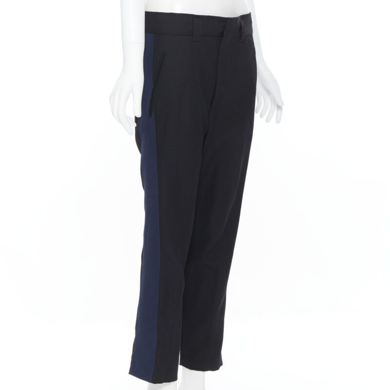 HAIDER ACKERMANN 100% fleece wool black navy grosgrain side cropped pants FR36