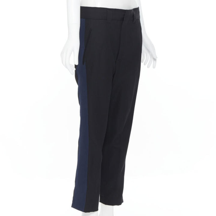HAIDER ACKERMANN 100% fleece wool black navy grosgrain side cropped pants FR36