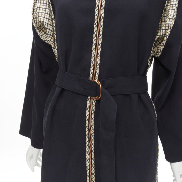 SEE BY CHLOE 2019 black check trim side zip belted car coat FR36 S