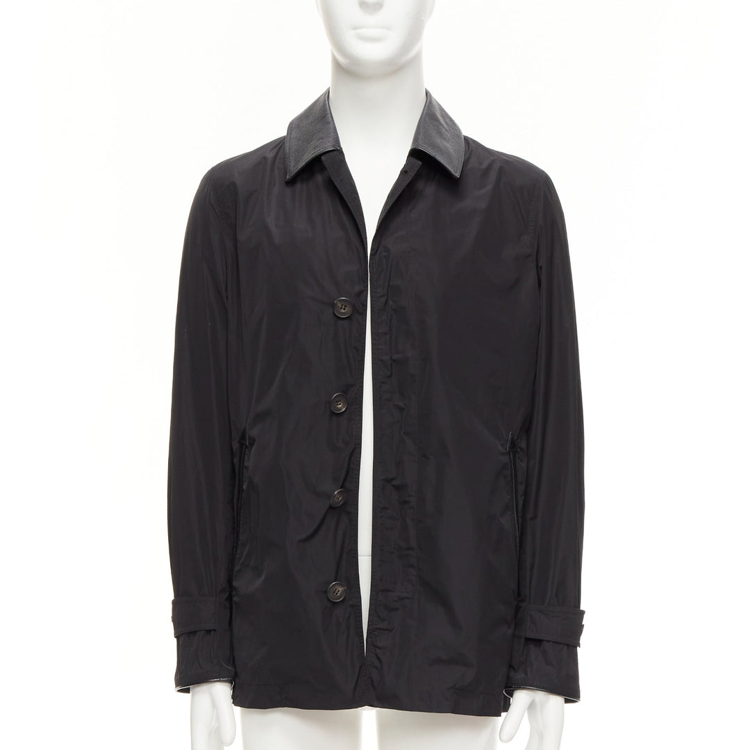BURBERRY black textured leather trim nylon single breast trench coat IT48 M