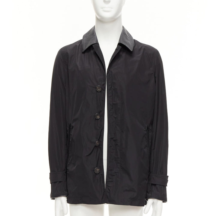 BURBERRY black textured leather trim nylon single breast trench coat IT48 M