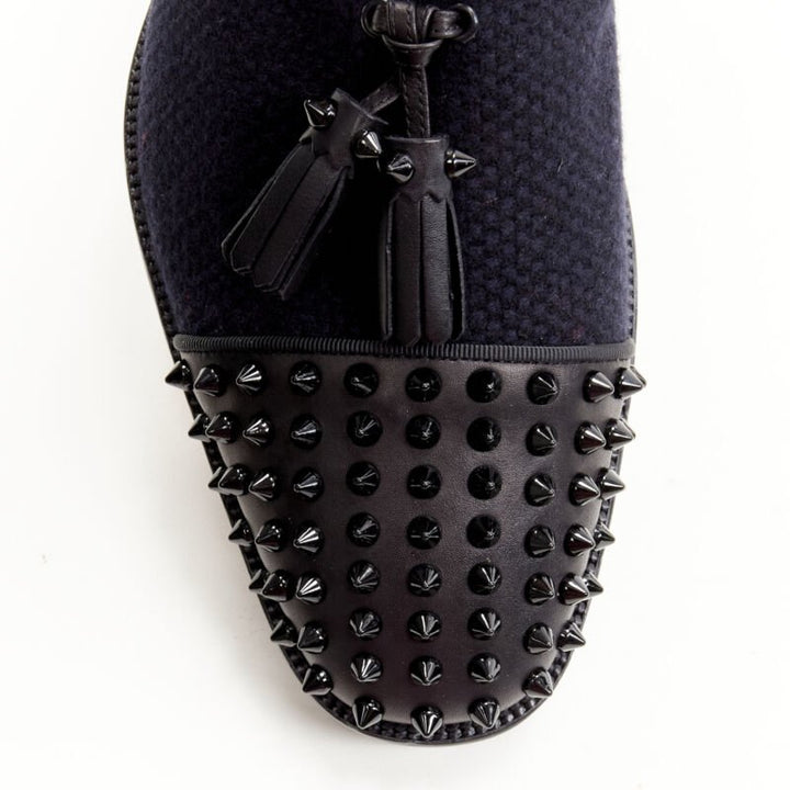 CHRISTIAN LOUBOUTIN Rossini Flat navy tweed spike toe  tassel lug sole EU42