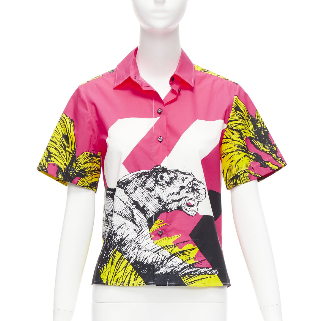 CHRISTIAN DIOR D-Jungle Pop Tiger pink print poplin short sleeve shirt FR34 XS