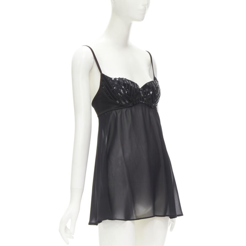 LA PERLA Vintage Ritmo Di Perla black sequins cupped bra sheer negligee top XS