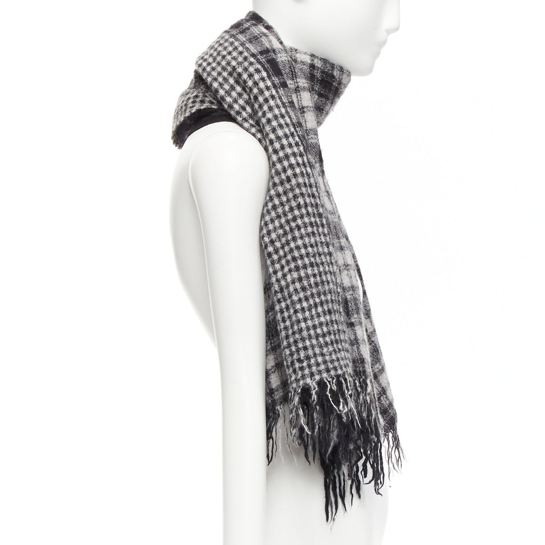 Y'S YOHJI YAMAMOTO grey 100% wool checkered black Y safety pin fringe scarf
