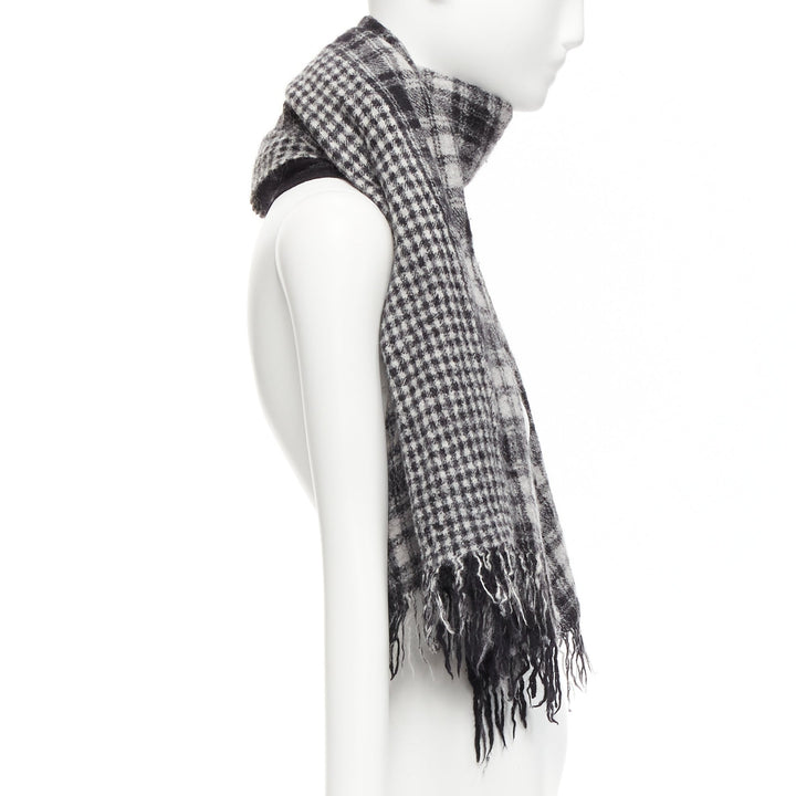 Y'S YOHJI YAMAMOTO grey 100% wool checkered black Y safety pin fringe scarf