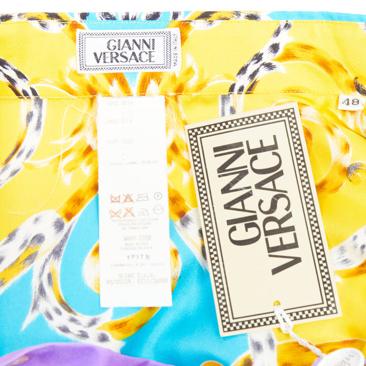 GIANNI VERSACE 1995 Vitnage 100% silk purple yellow leopard barocco shirt IT48 M