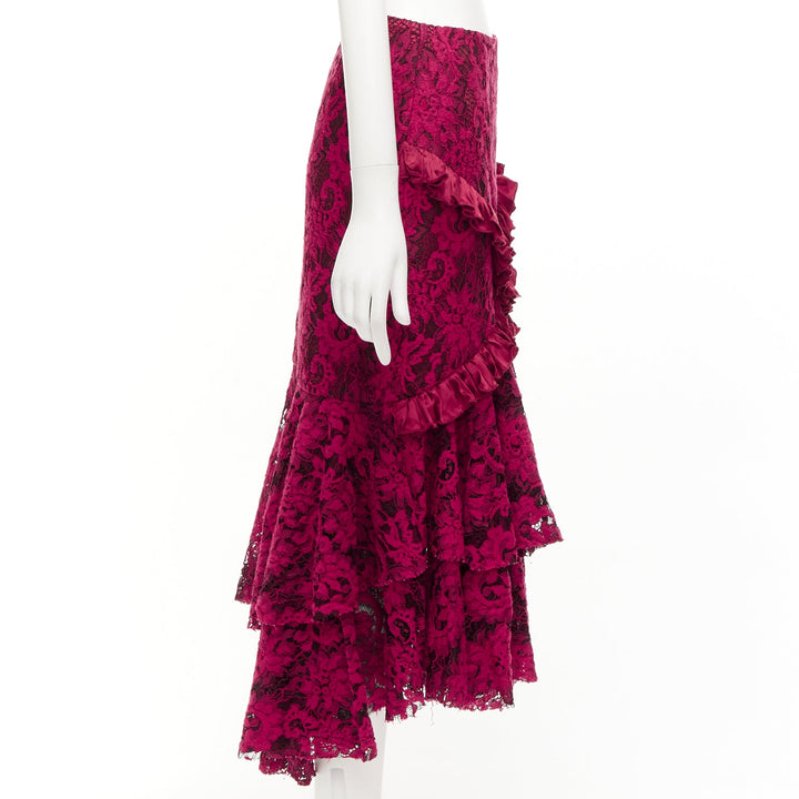 ROMANCE WAS BORN red cotton silk blend floral lace bias ruffle midi skirt AUS8 S