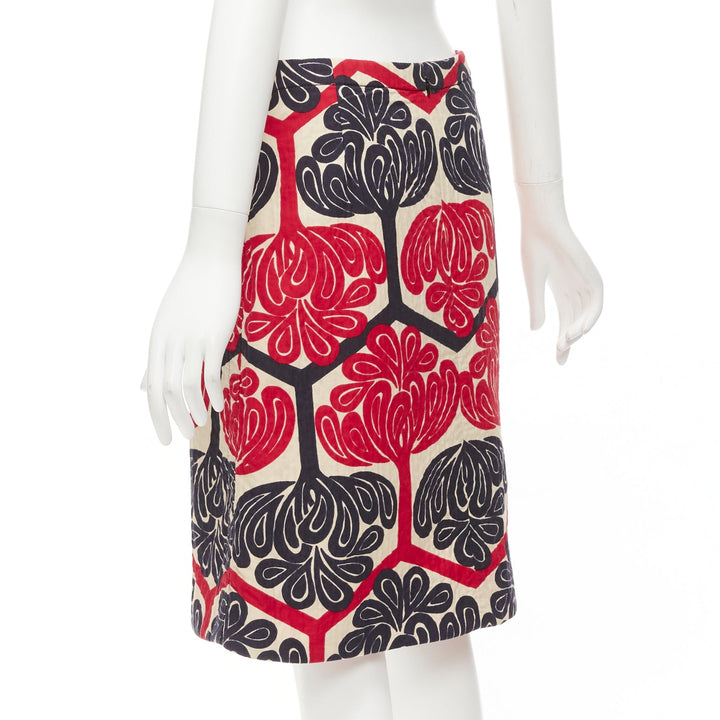 MARNI 2011 red navy cream ethnic print cotton Aline knee skirt IT38 XS
