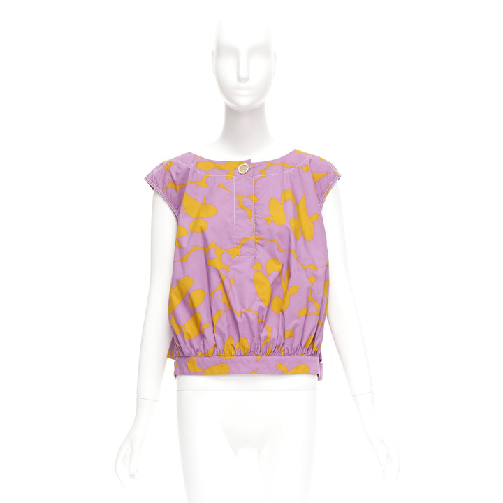 MARNI 100% cotton purple mustard abstract floral overstitched boxy vest IT38 XS