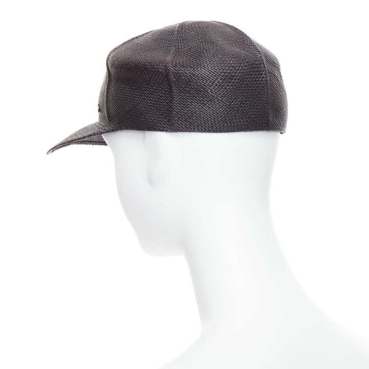 HERMES Riley Panama black straw small silver logo cotton lined cap hat 57cm