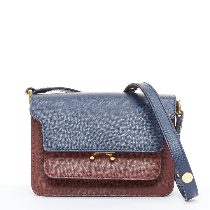 MARNI Trunk navy burgundy textured leather clasp crossbody bag