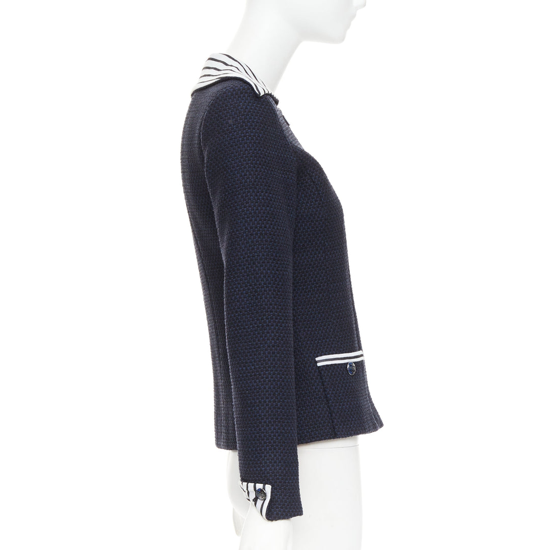 CHANEL 2017 navy white black nautical striped collar woven jacket FR34 XS