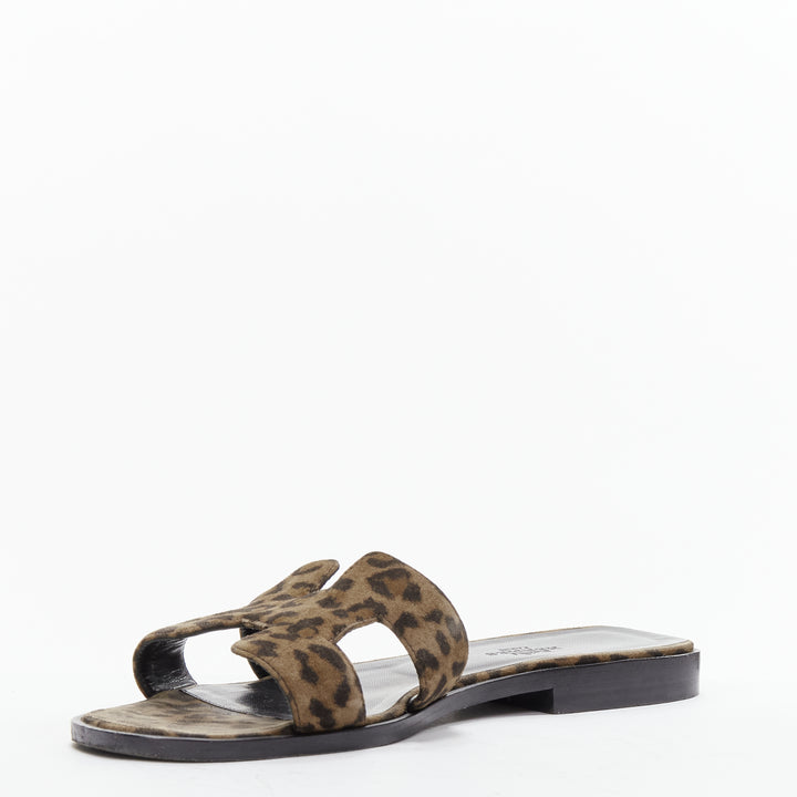 HERMES Oran H logo signature brown leopard print leather sandals EU37
