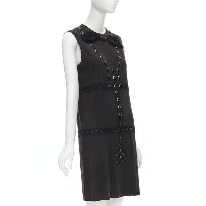 LANVIN 2004 Alber Elbaz brown wool black jewel embellished sheath dress FR38 S
