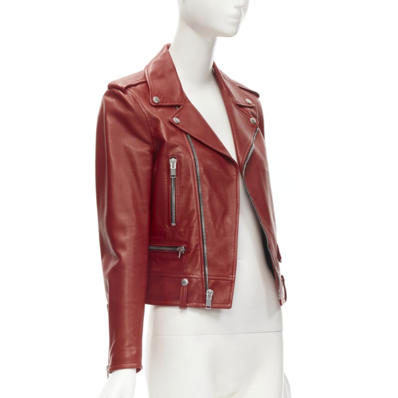SAINT LAURENT 2013 Hedi Slimane red lambskin leather moto biker jacket FR38 S