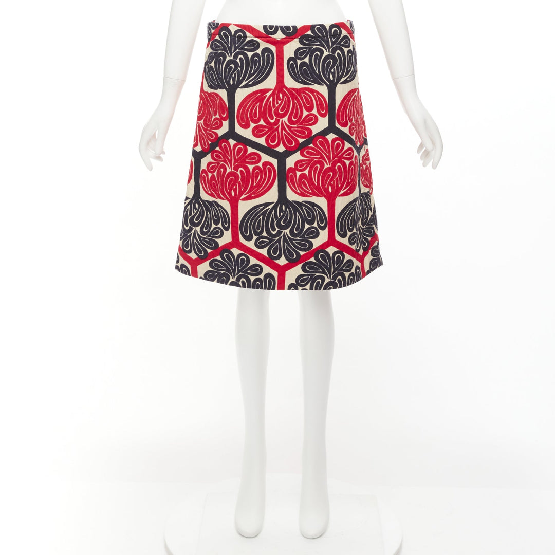 MARNI 2011 red navy cream ethnic print cotton Aline knee skirt IT38 XS