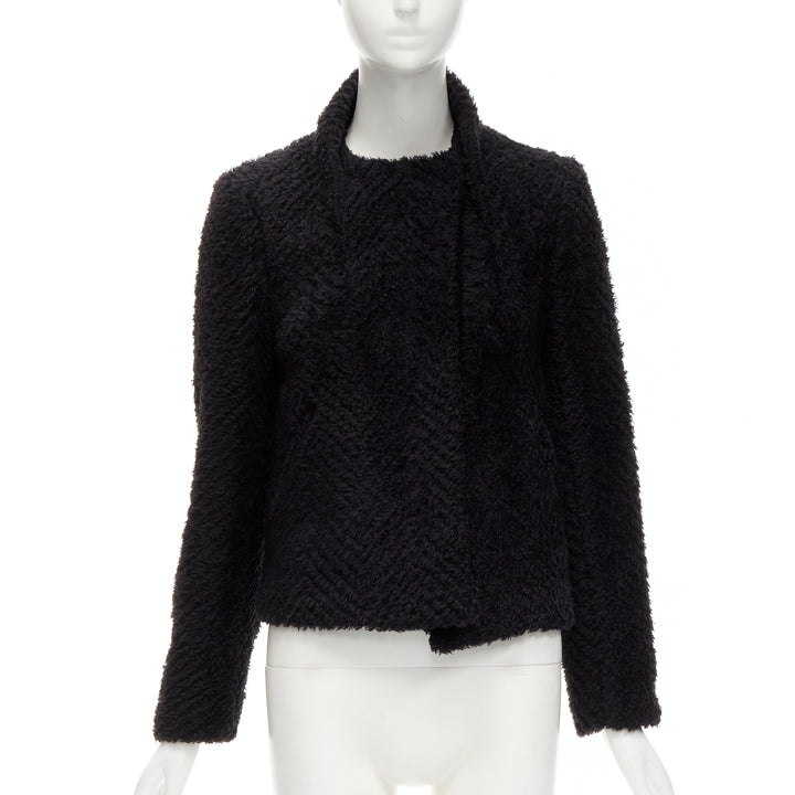 ISABEL MARANT black wool blend fluffy stand collar minimal jacket FR36 S