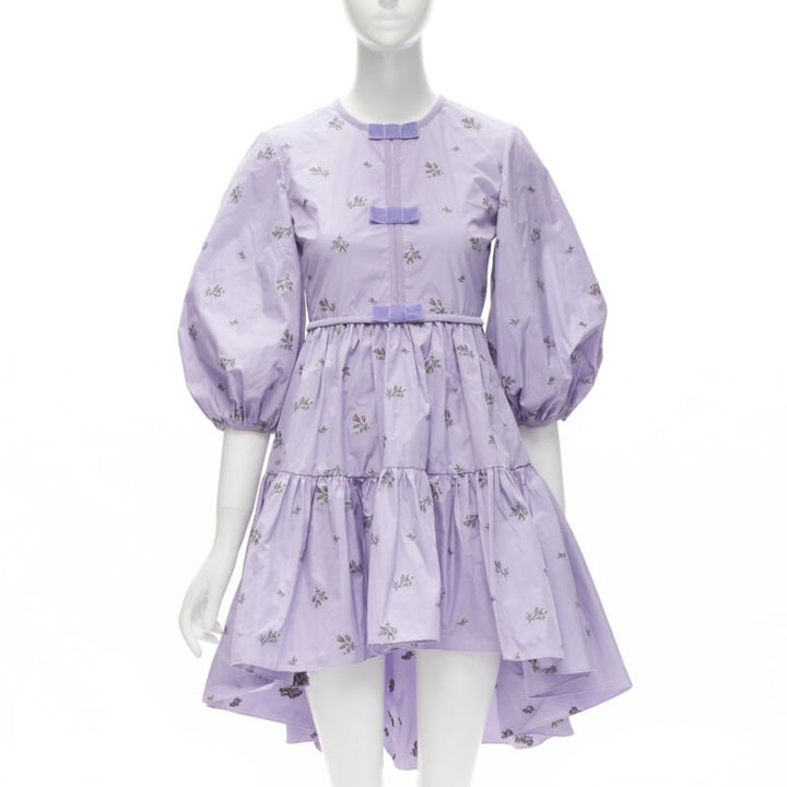 RED VALENTINO purple floral embroidery bow puff sleeve babydoll dress IT36 XS