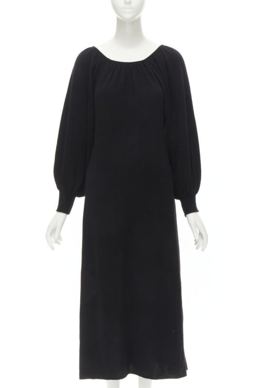 RYAN ROCHE 100% cashmere black pleated collar bubble sleeve midi dress S