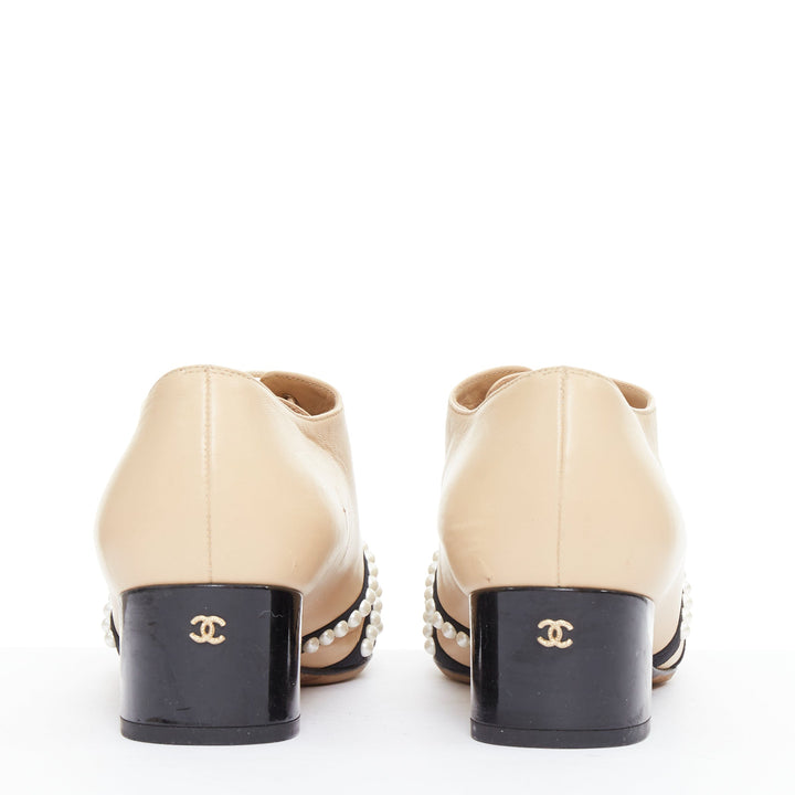 CHANEL nude black goatskin grosgrain pearl cap toe lace up oxfords EU38