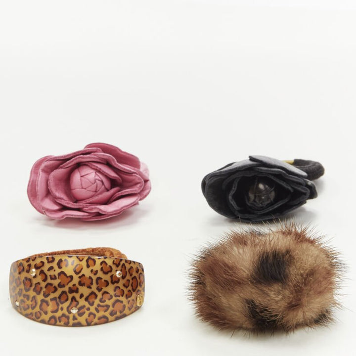 ALEXANDRE DE PARIS Alexander Zouari LOT OF 4 leather rose fur crystal hair tie