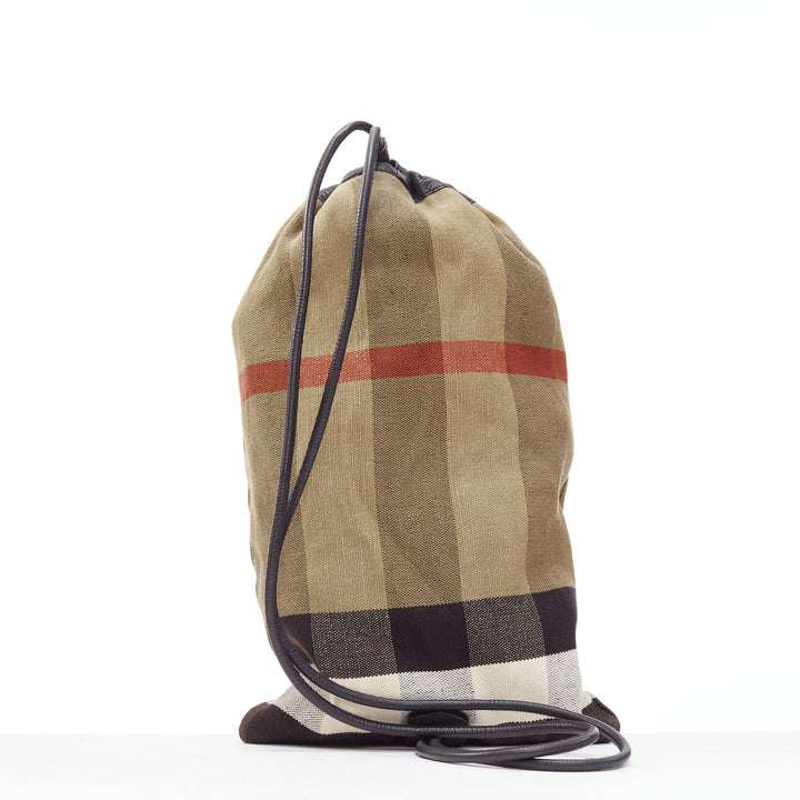 BURBERRY Hous eCheck brown jute cotton black leather trim sling backpack