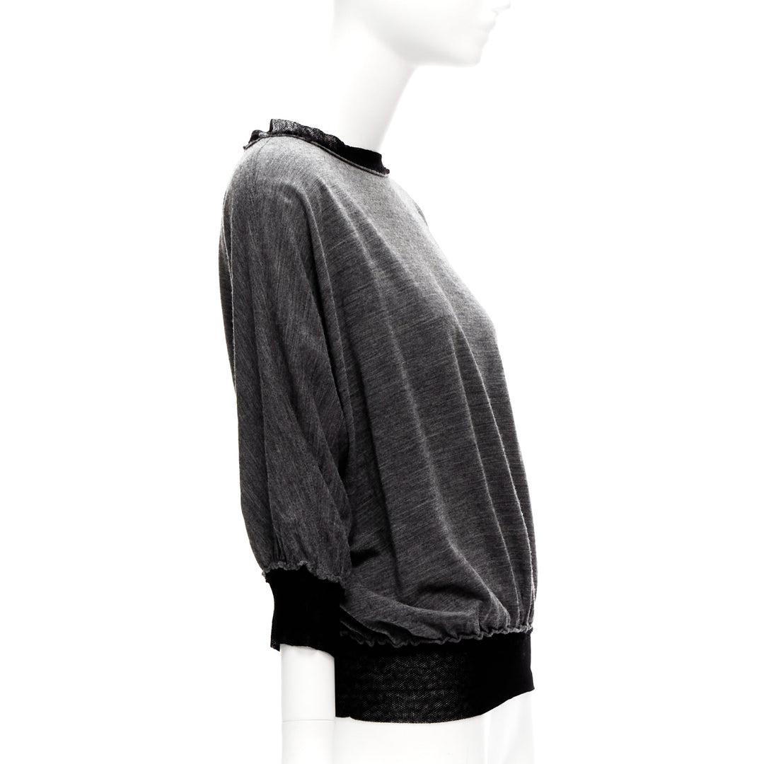 LANVIN 2005 grey wool cashmere mesh trim bateau batwing sweater FR38 M