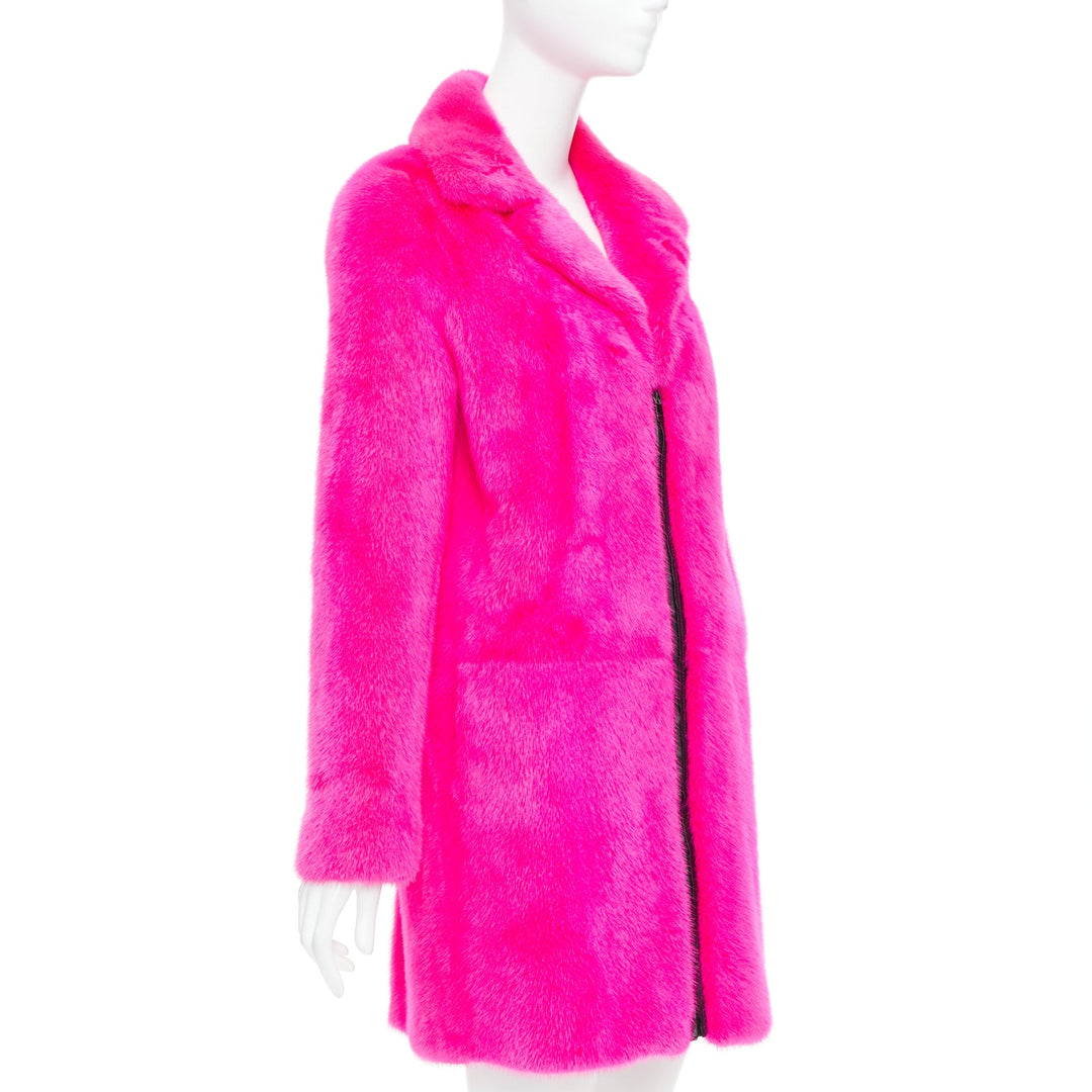 SAINT LAURENT 2015 hot pink mink fur black leather zip long coat FR38 M