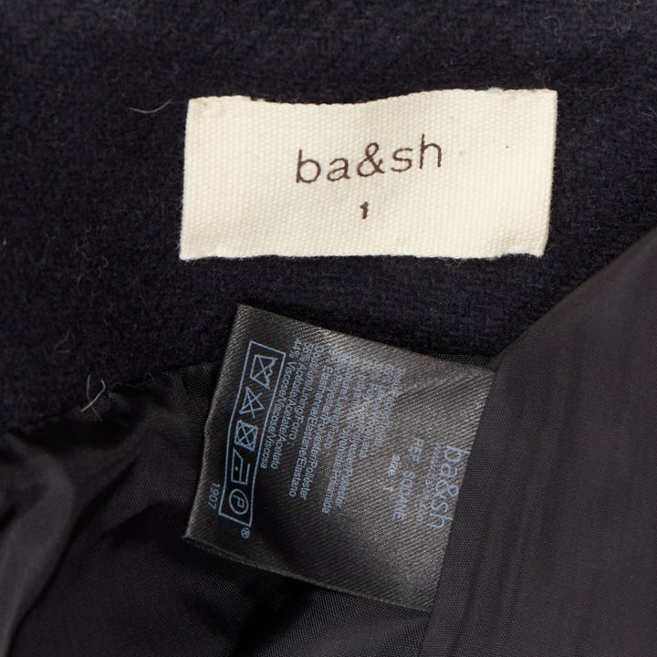 BA&SH black wool blend shawl neck side wrap front short coat Sz1 S