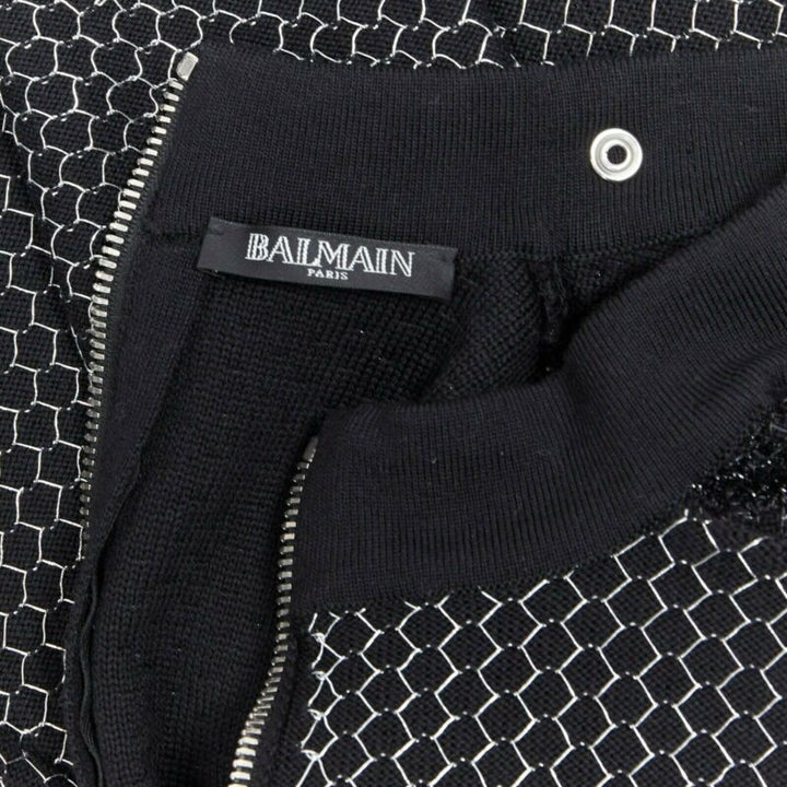BALMAIN ROUSTEING black silver thread fluffy military button bodycon dress S