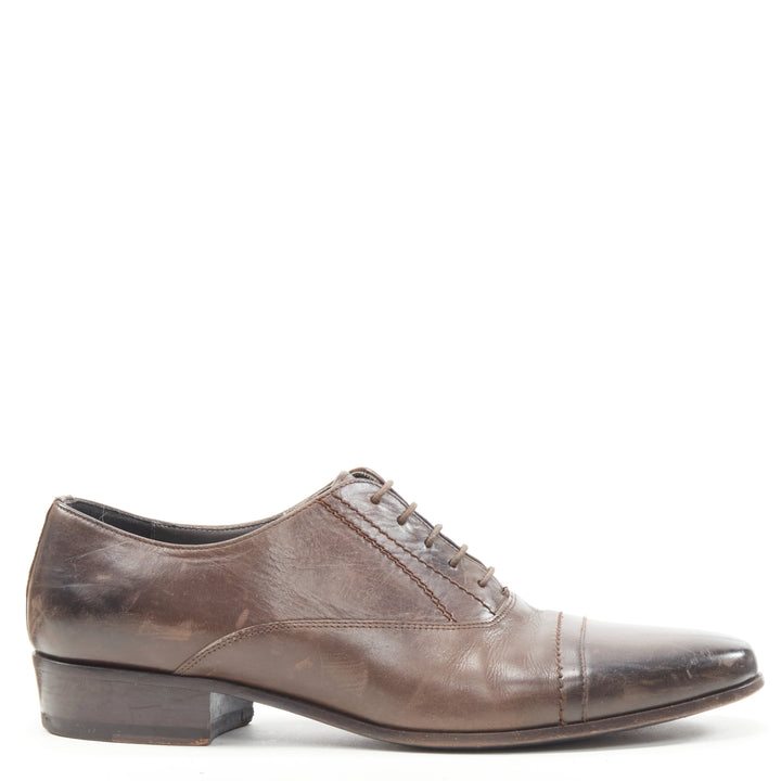 LANVIN brown calfskin lace up distressed scuffed leather dress shoes US8 EU41