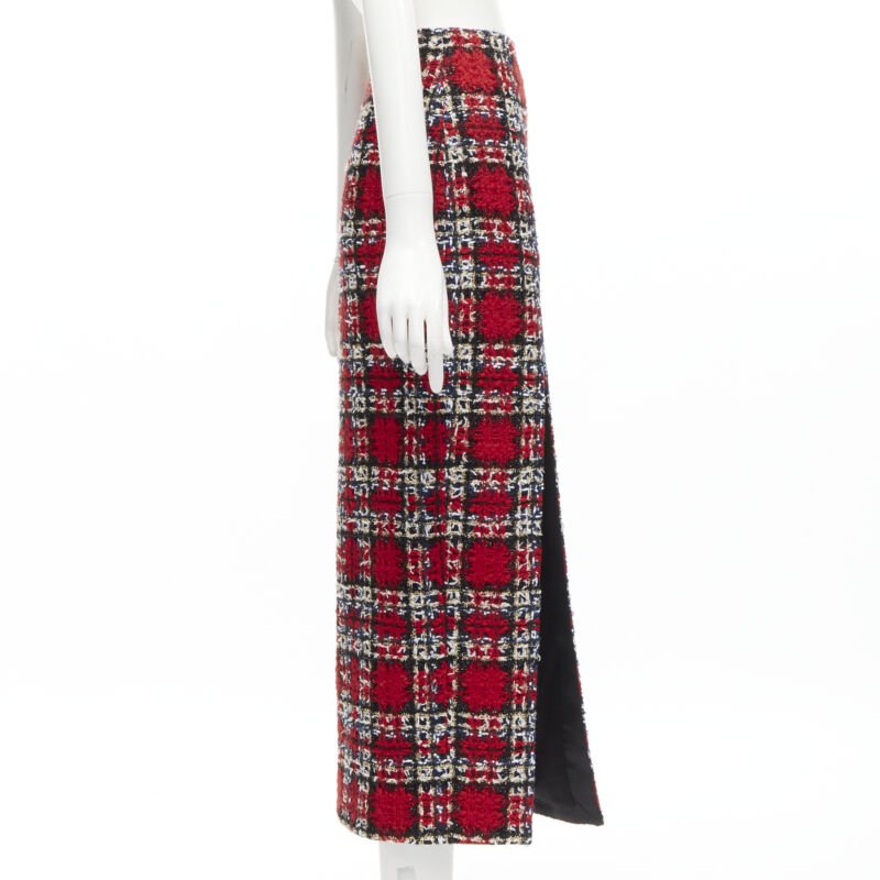 HALPERN red plaid check tweed high slit pencil midi skirt FR34 XS