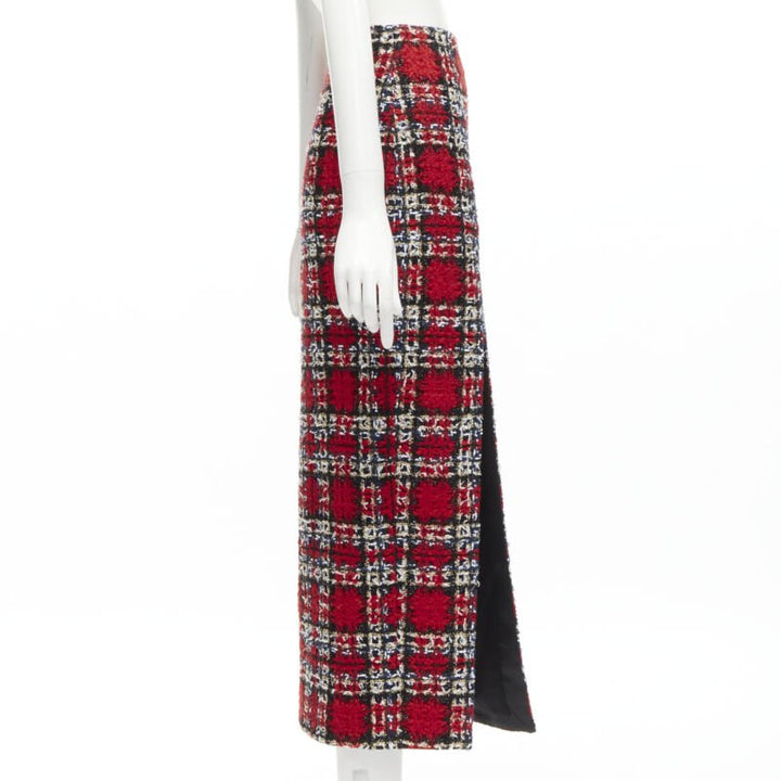 HALPERN red plaid check tweed high slit pencil midi skirt FR34 XS