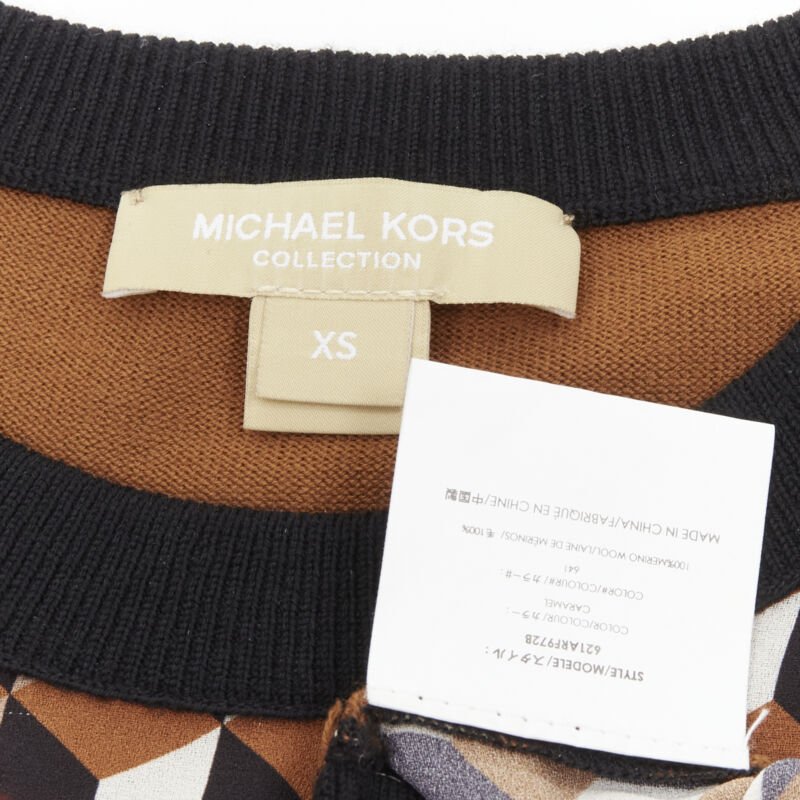 MICHAEL KORS COLLECTION brown merino wool cube print silk panel swaeter XS