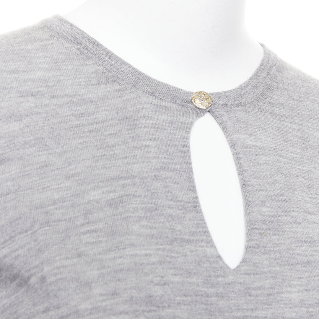 CHANEL 100% cashmere grey Camellia CC button keyhole sweater FR44 XXL