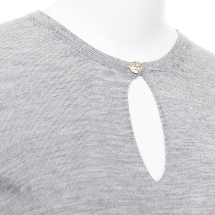 CHANEL 100% cashmere grey Camellia CC button keyhole sweater FR44 XXL