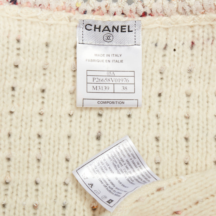 CHANEL 05A cream pink wool boucle tweed gold CC buttons cardigan FR38 M