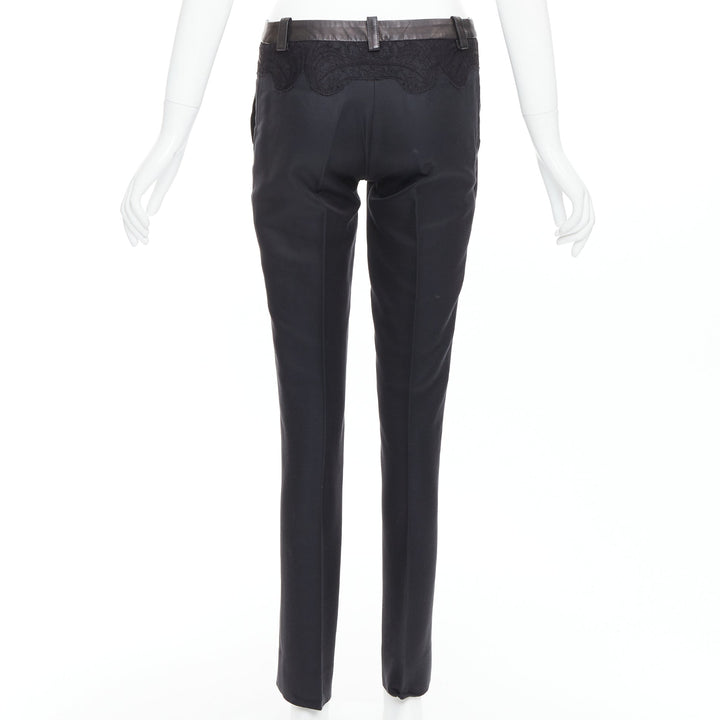 VERSACE black cotton blend lace leather trim waist tapered trousers IT38 XS