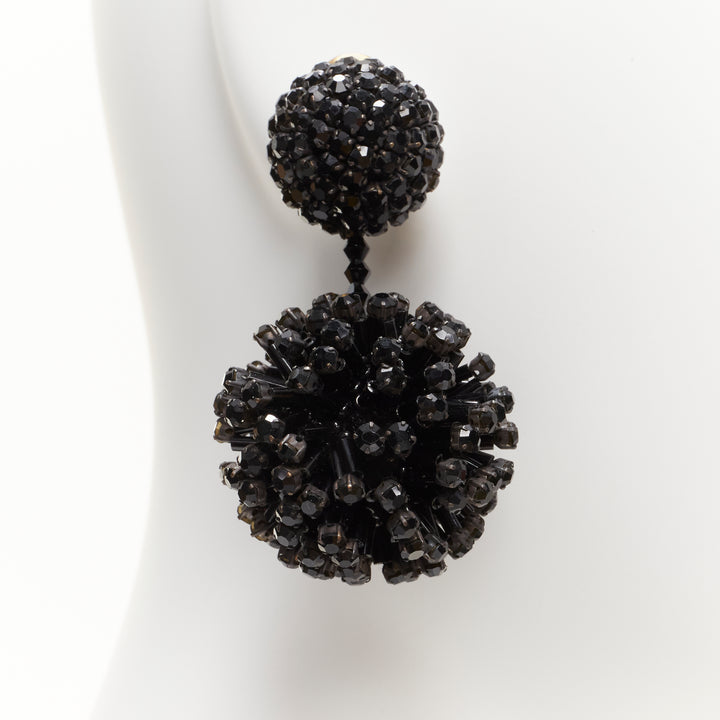 OSCAR DE LA RENTA black beaded crystal double ball drop clip on earrings