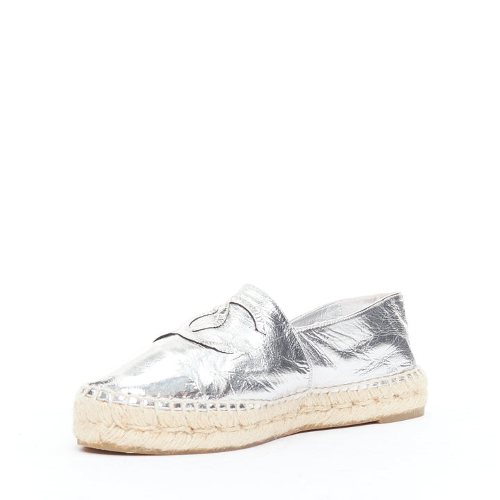 CHANEL metallic silver laminated goatskin CC logo jute espadrilles EU38