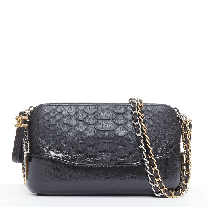 CHANEL Mini Gabrielle black scaled leather patent trim double CC crossbody bag