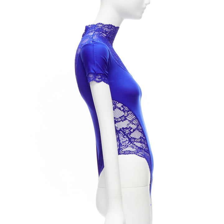 GIANNI VERSACE Vintage blue lace satin panels blue crystal body suit top