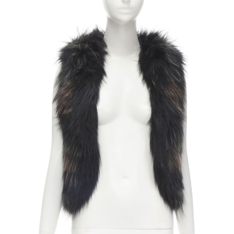METEO YVES SALOMON black brown green racoon fur vest jacket IT36 XS