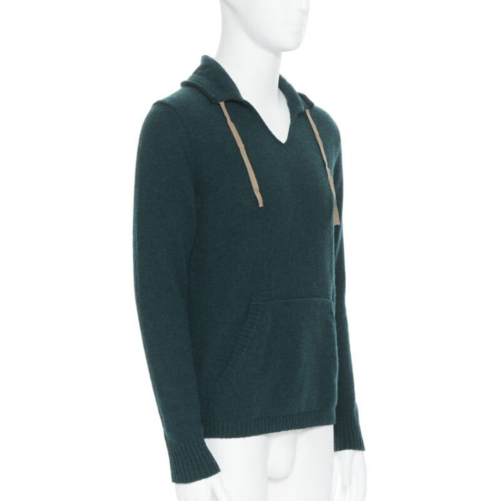 UNDERCOVER 100% wool dark green ribbon drawstring V-neck pullover sweater S