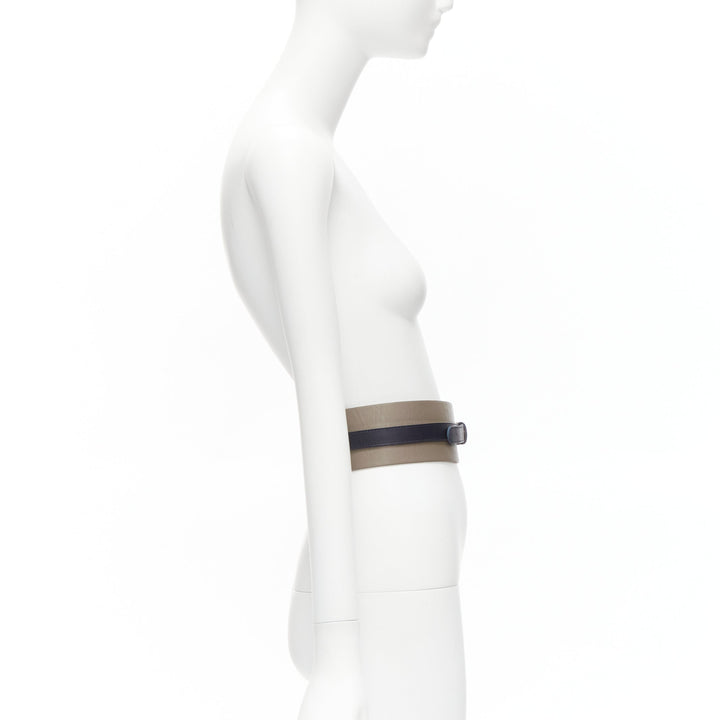 MAISON BOINET brown navy double cowhide leather gold buckle waist belt 70cm
